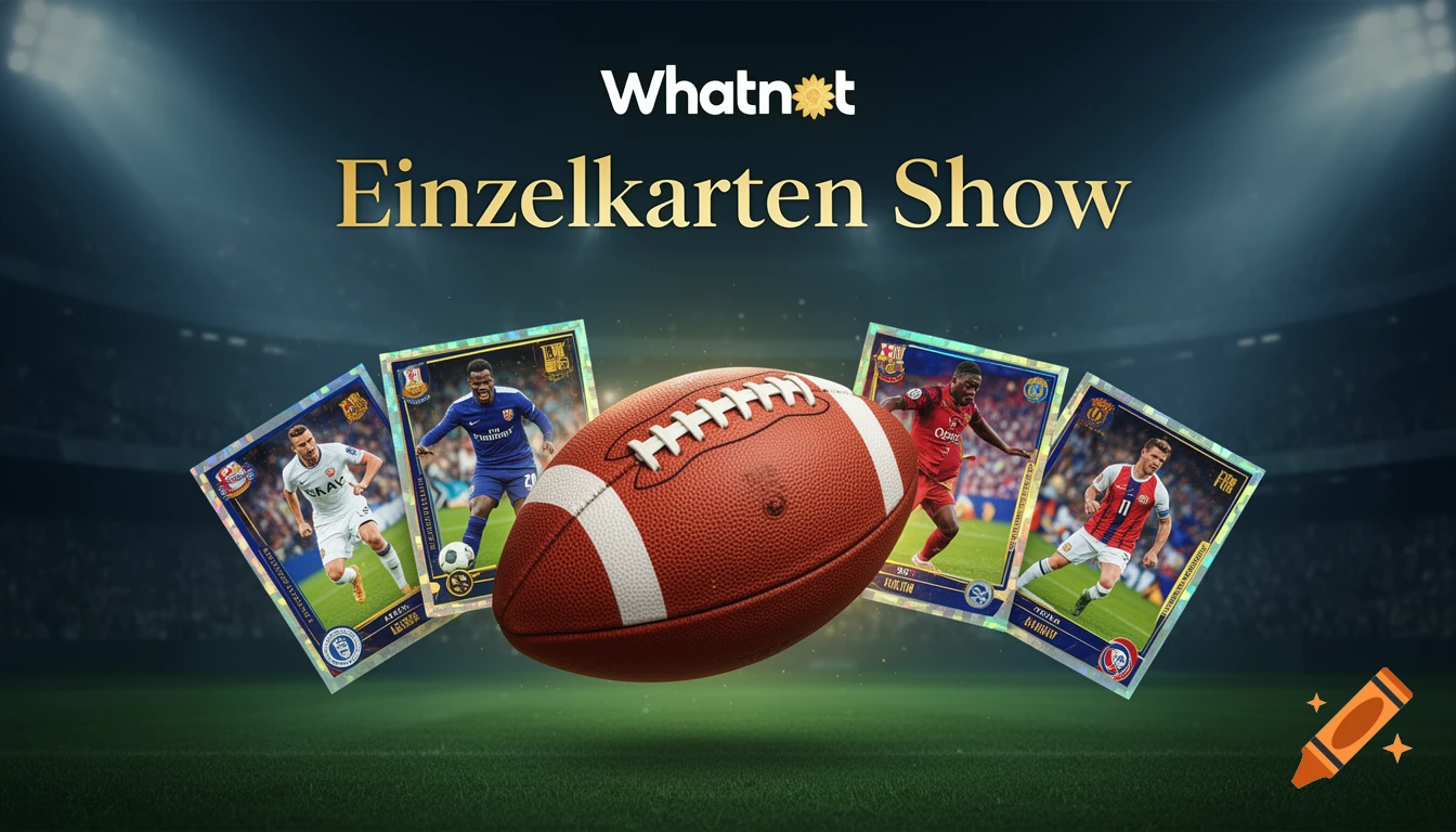 A dark banner with a football, surrounded by four football trading cards. Gold text above reads 'Whatnot Einzelkarten Show'.