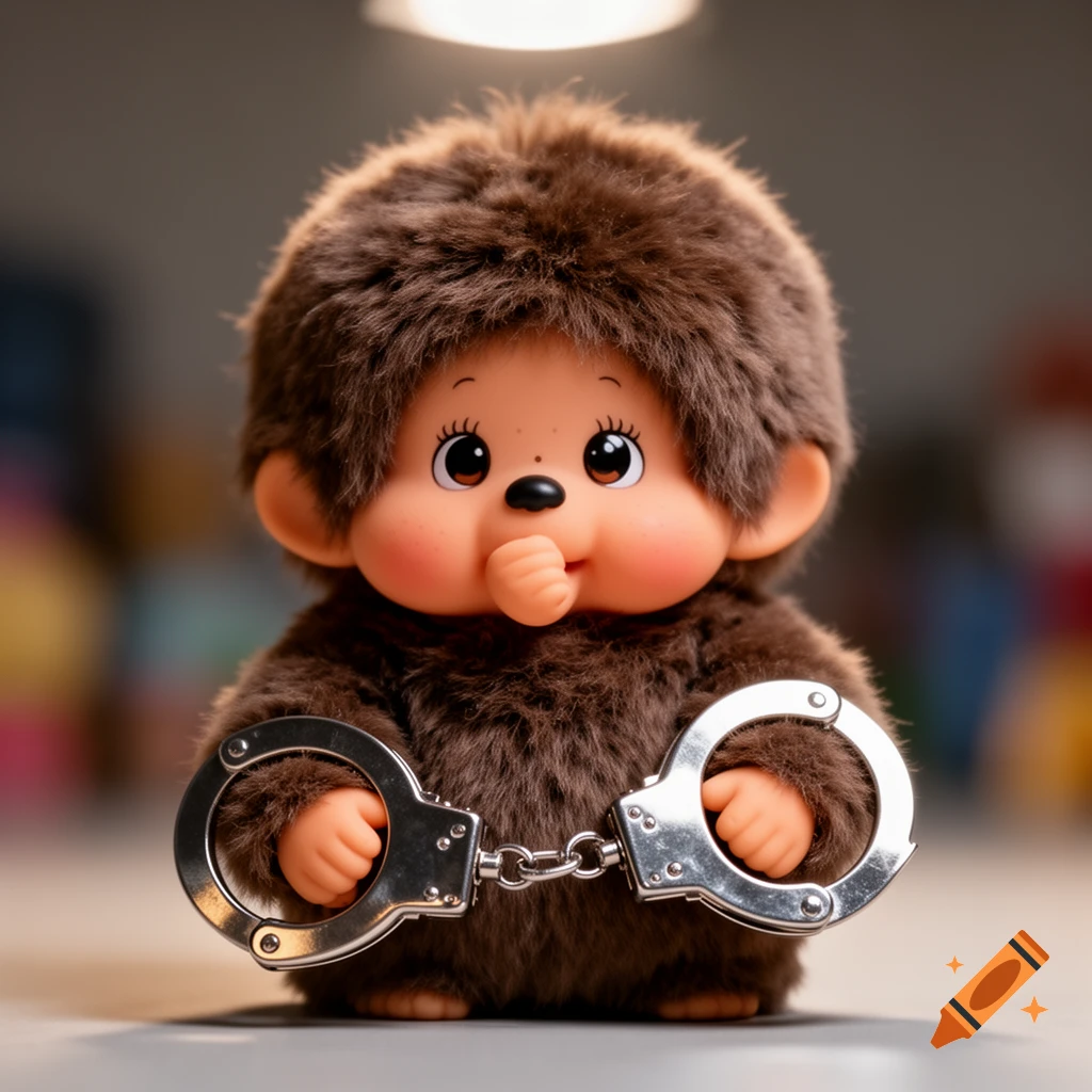 A fluffy brown Monchhichi plush toy with a light face and rosy cheeks holds silver handcuffs.