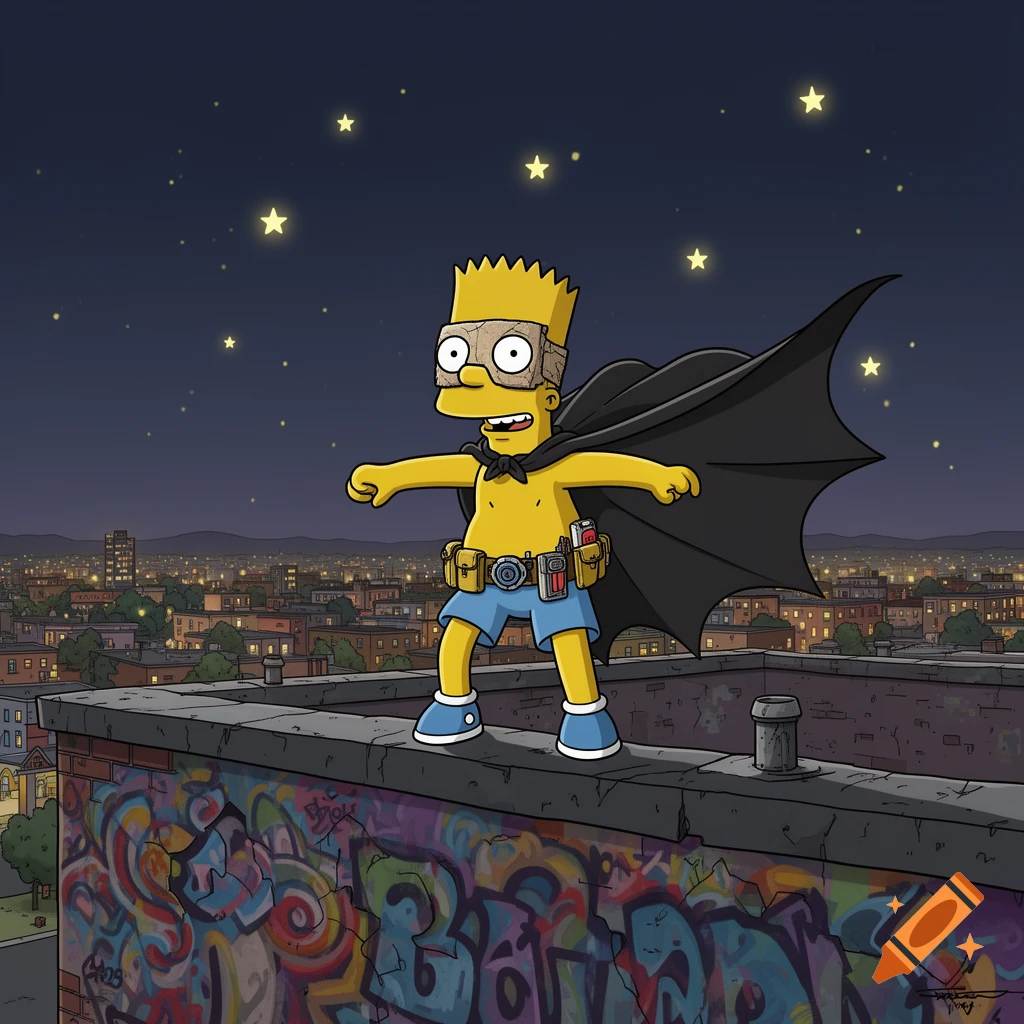 Bart Simpson as Bartman in a mask, cape, and utility belt stands on a graffiti-covered rooftop overlooking a city skyline at night under stars, cartoon style.