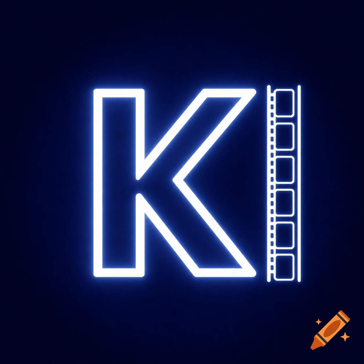 A white neon letter 'K' with a film strip icon on a dark blue background in a minimalist style.
