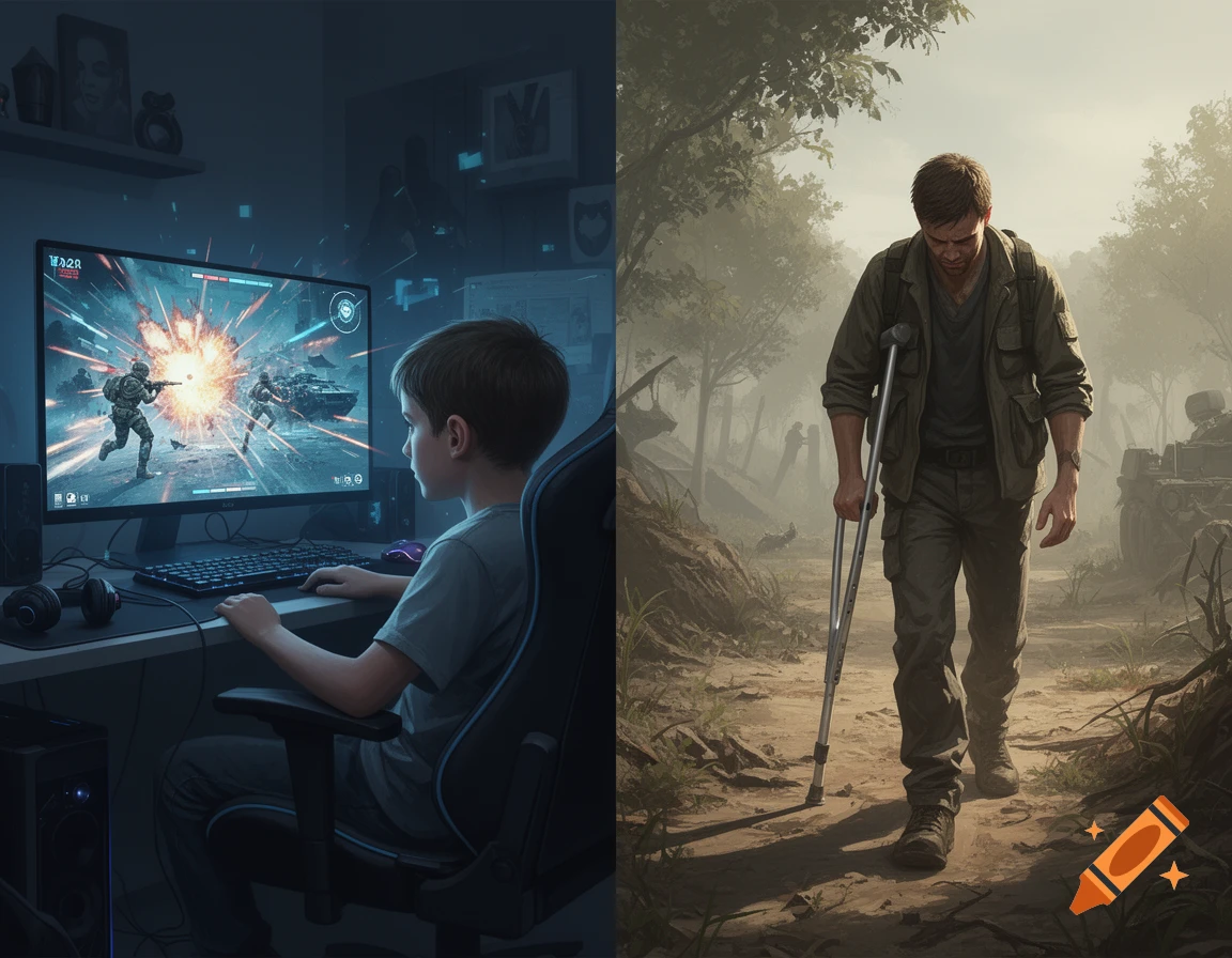 Split image shows a boy playing a war video game on a monitor, contrasted with a man with a crutch walking through a desolate, war-torn landscape.
