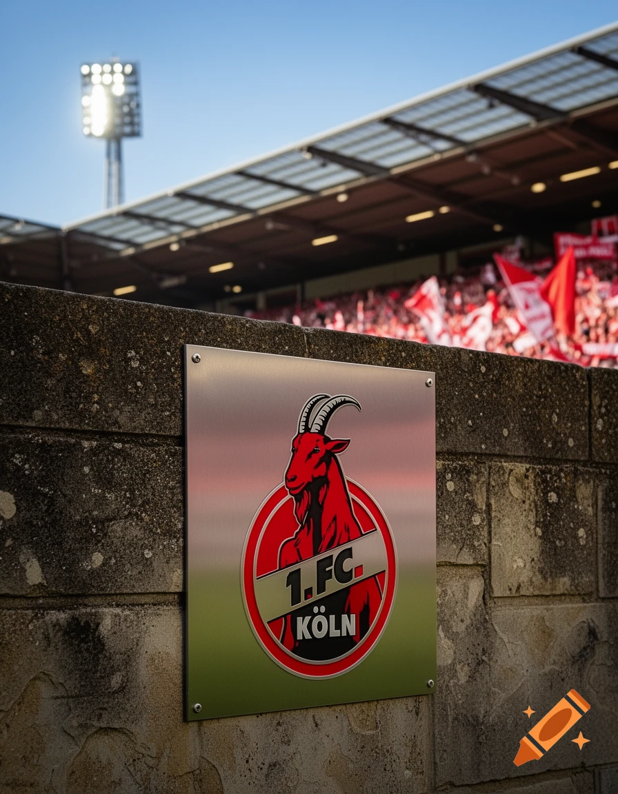 A metallic plaque featuring the 1. FC K R ln logo, a red goat, on a stone wall with a blurred stadium and fans in the background.