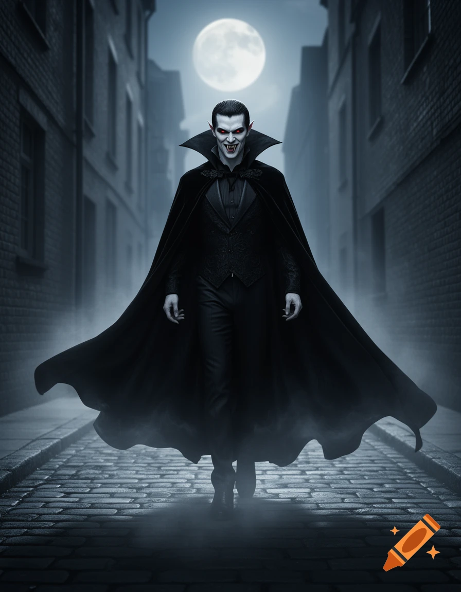 A pale-skinned male vampire with red eyes and fangs, wearing a black cape and suit, stands in a misty cobblestone alley under a full moon.