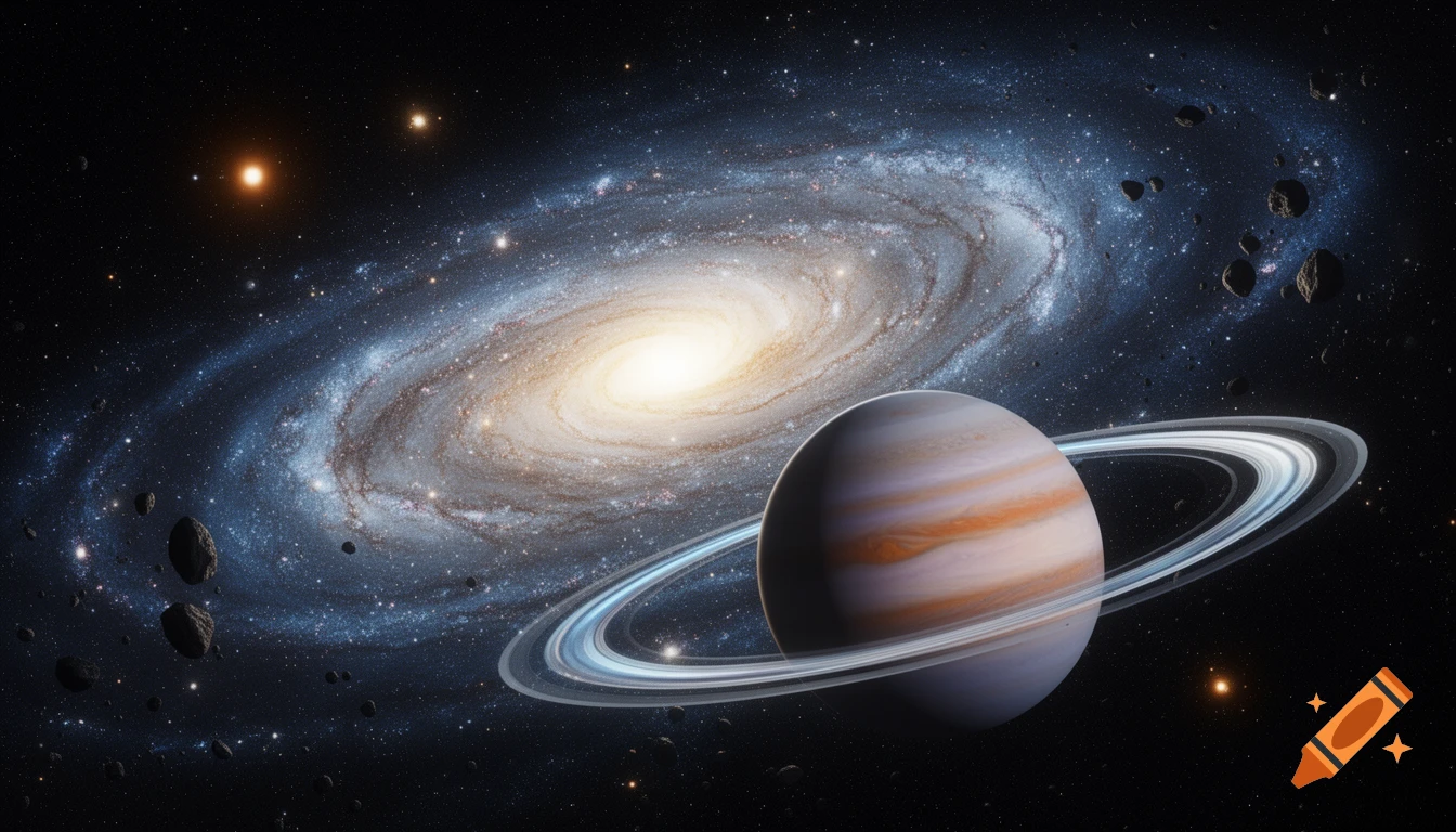 A majestic ringed planet orbits a glowing spiral galaxy in a dark cosmos filled with stars and scattered asteroids.