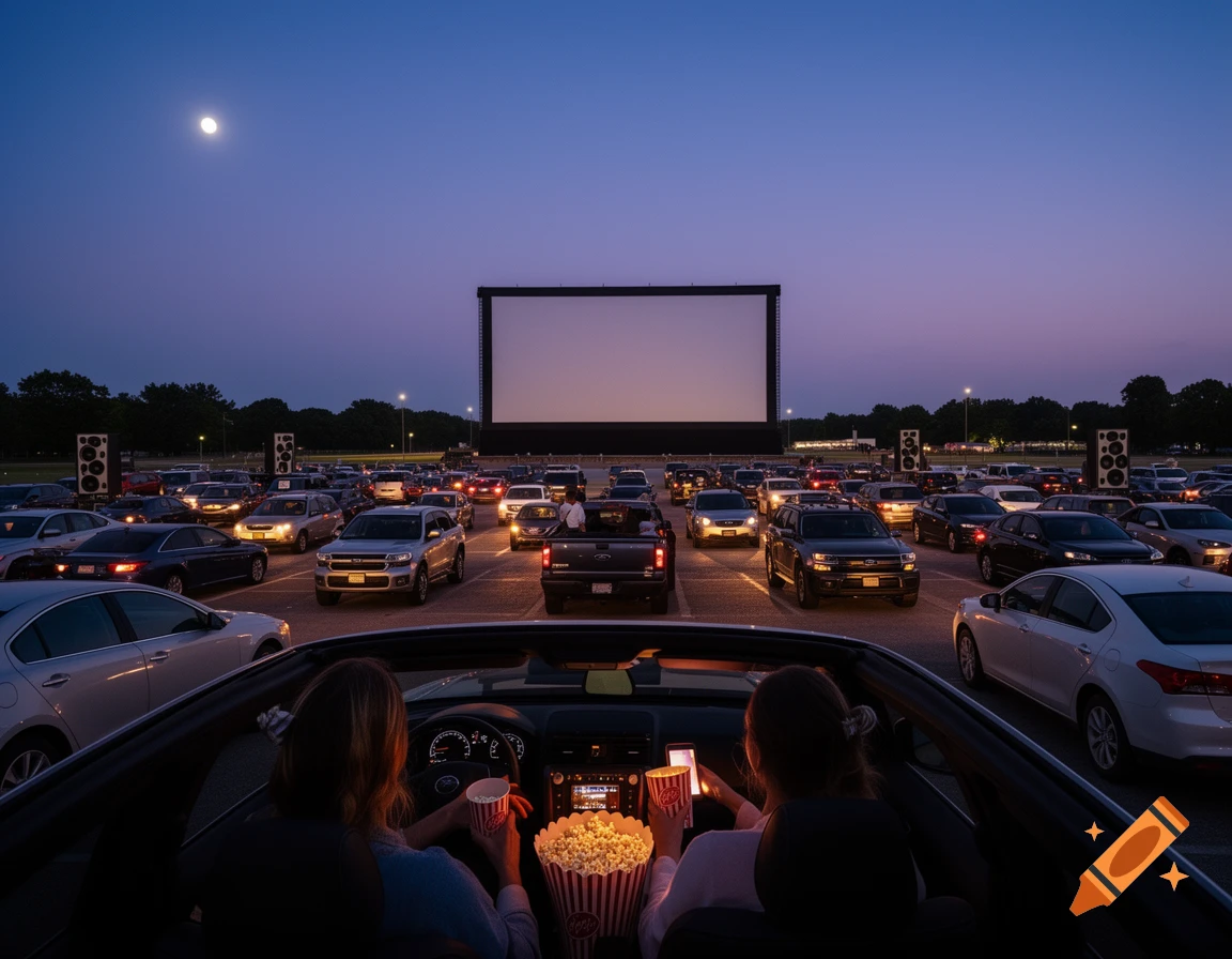 Photorealistic image of two people in a convertible at a drive-in movie theater at dusk, with many cars and a large screen.