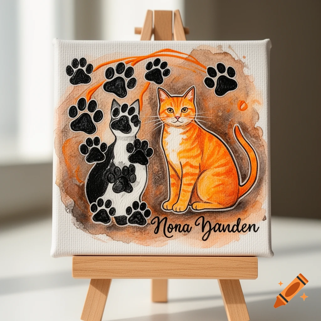 Watercolor painting of an orange tabby and a tuxedo cat with paw prints and text "Nona Danden" on a canvas on an easel.
