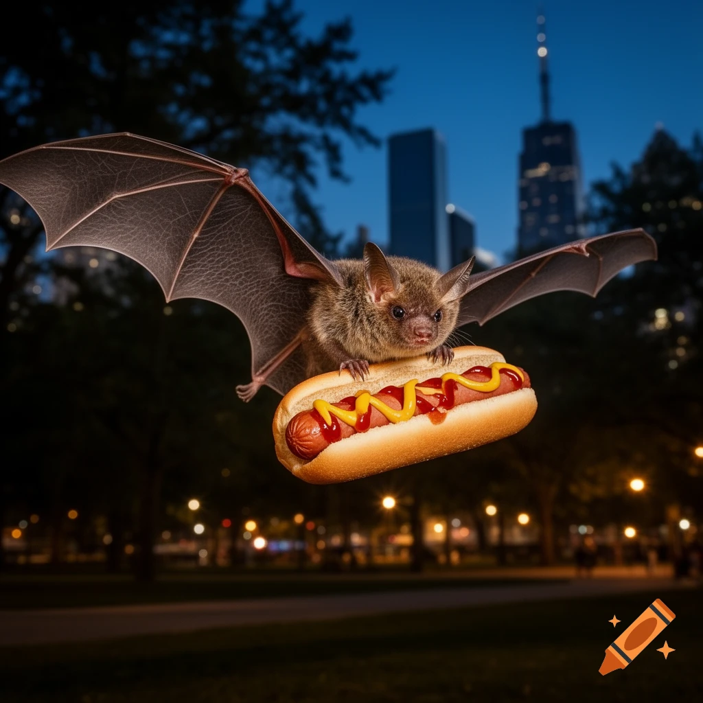 A photorealistic bat flies at night, holding a hotdog with ketchup and mustard, with a city skyline in the background.