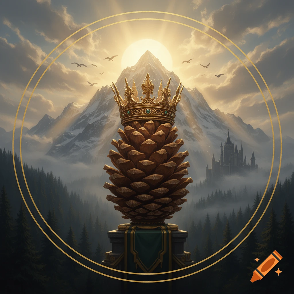 A colossal, crown-wearing pinecone on a pedestal in a grand mountain fantasy landscape with a castle and sun, framed by gold circles.