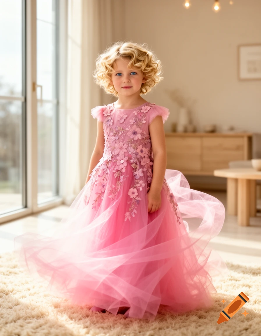 A smiling young blonde girl with blue eyes in a flowing pink floral dress, standing on a carpet in a bright room.