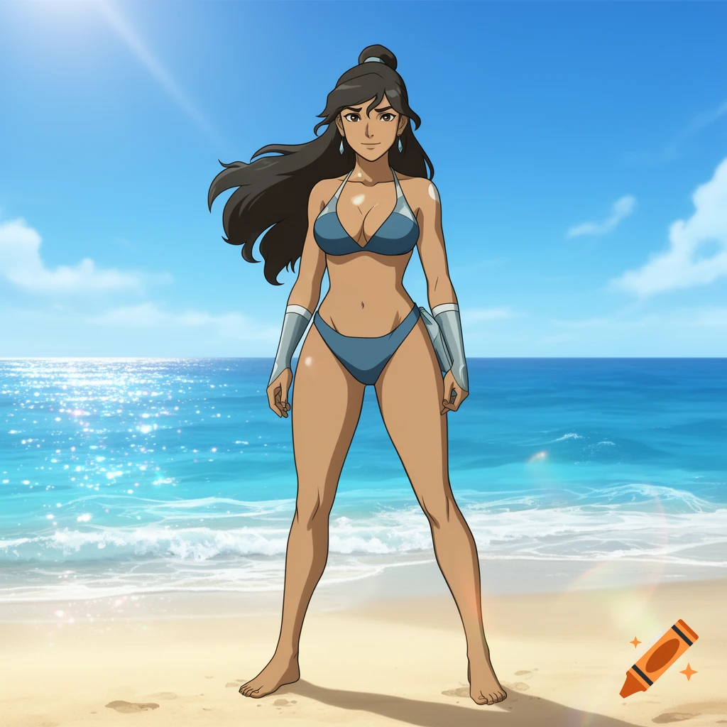 Anime character Korra in a blue bikini stands on a sunny beach with a sparkling ocean.