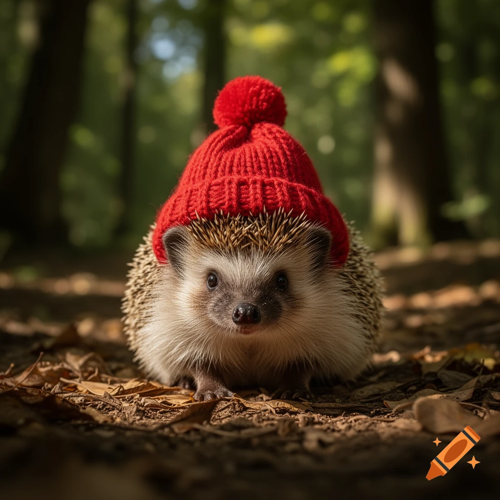 A cute hedgehog wearing a red knitted hat sits on a forest floor covered in leaves, looking directly at the viewer.