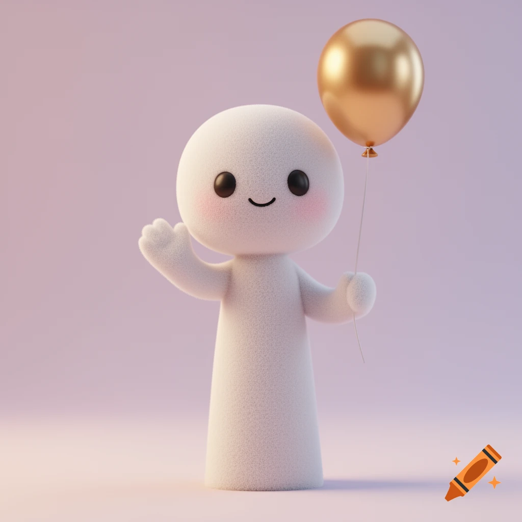 A cute, minimalist white fuzzy character waves and holds a golden balloon against a pastel background.