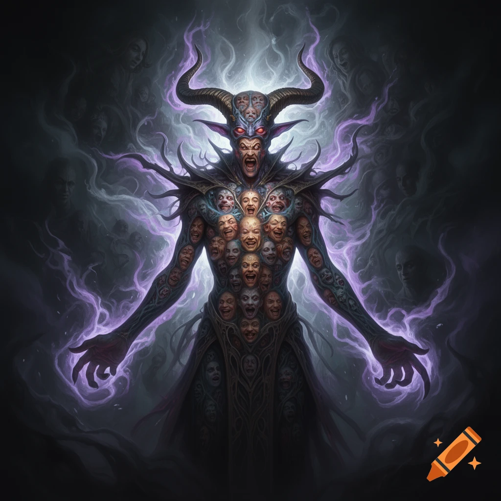 A demonic, horned creature with a snarling face and glowing red eyes, its body covered in numerous contorted faces, surrounded by purple magical energy.