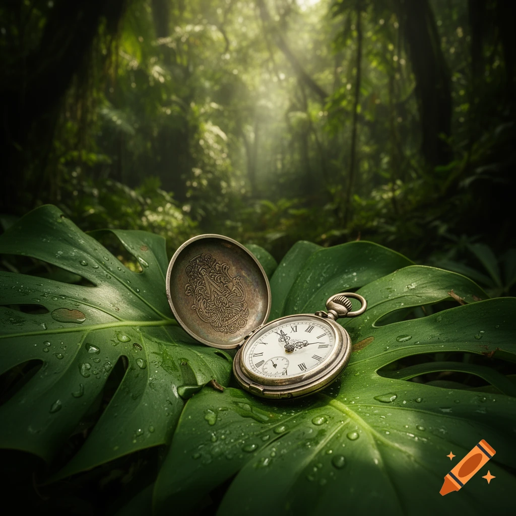 A close-up shot of an open antique pocket watch resting on a large, dew-covered green leaf in a lush, sun-dappled jungle.