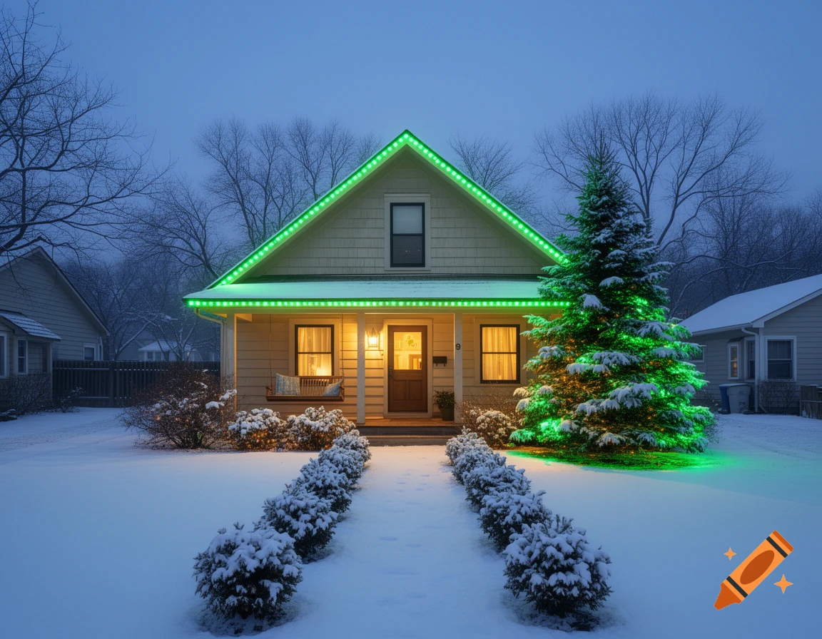 A cozy house in winter, covered in snow and lit with bright green LED holiday lights on the roof and a large evergreen tree. A snowy path leads to the front door at dusk.