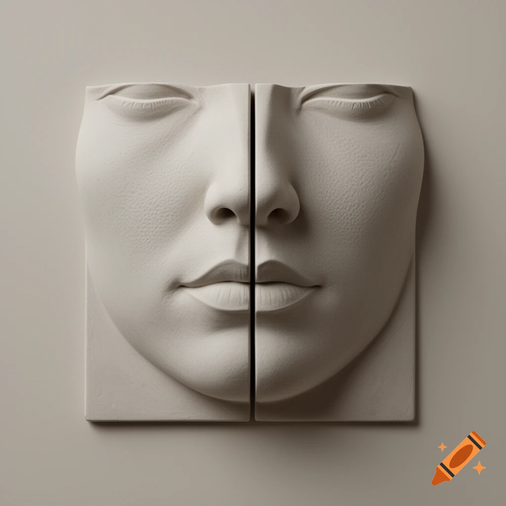 Close-up of a neutral-toned sculptural relief of a serene human face, split vertically into two square panels.