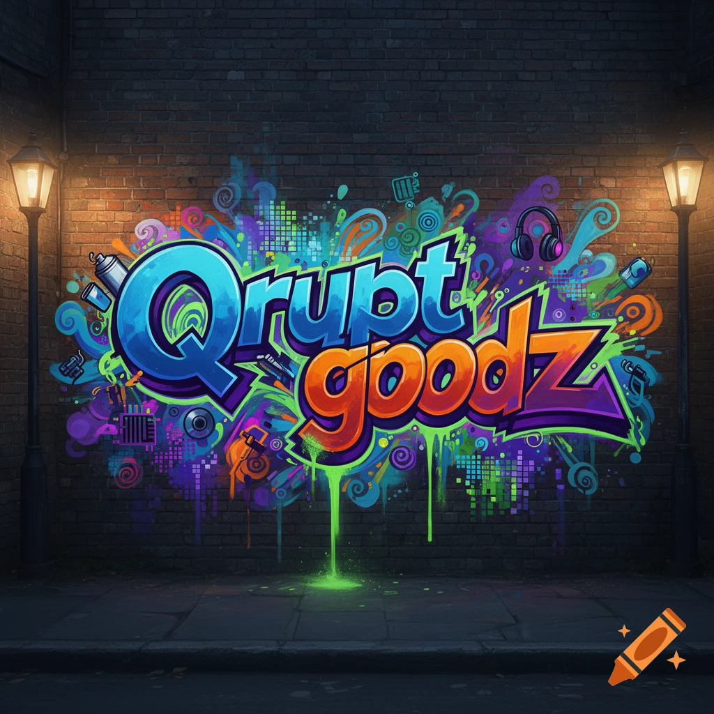Vibrant graffiti of 'Qrupt goodz' on a brick wall at night, illuminated by two street lamps.