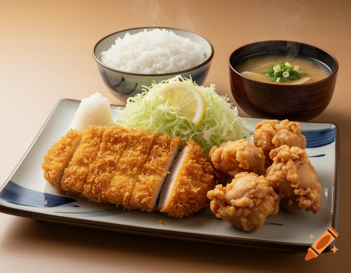 A photorealistic Japanese meal with sliced crispy tonkatsu, karaage fried chicken, shredded cabbage, a lemon wedge, white rice, and miso soup on a wooden table.