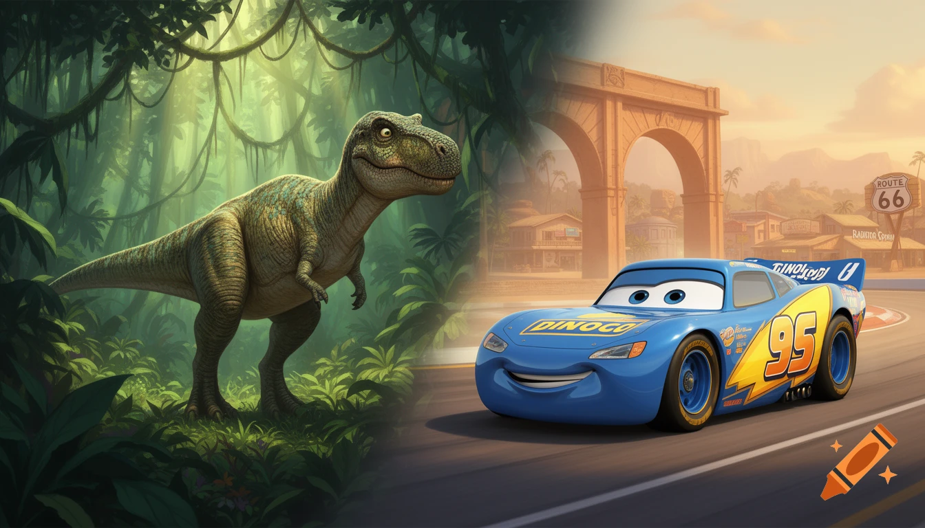 A smiling green T-Rex stands in a lush jungle next to a blue Lightning McQueen car on a desert road with Route 66 signs and buildings.