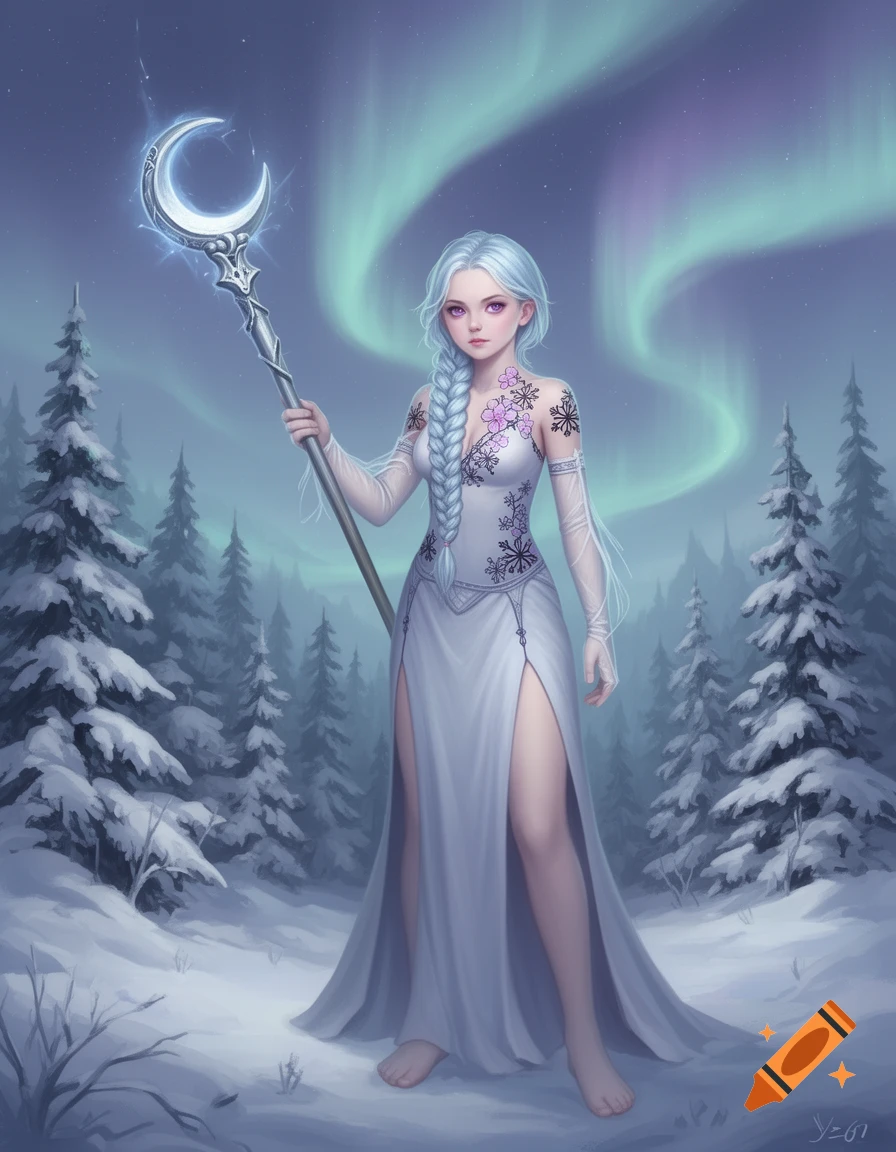 A white-haired woman in a white dress with tattoos holds a glowing crescent moon staff in a snowy forest under the aurora borealis, fantasy art.