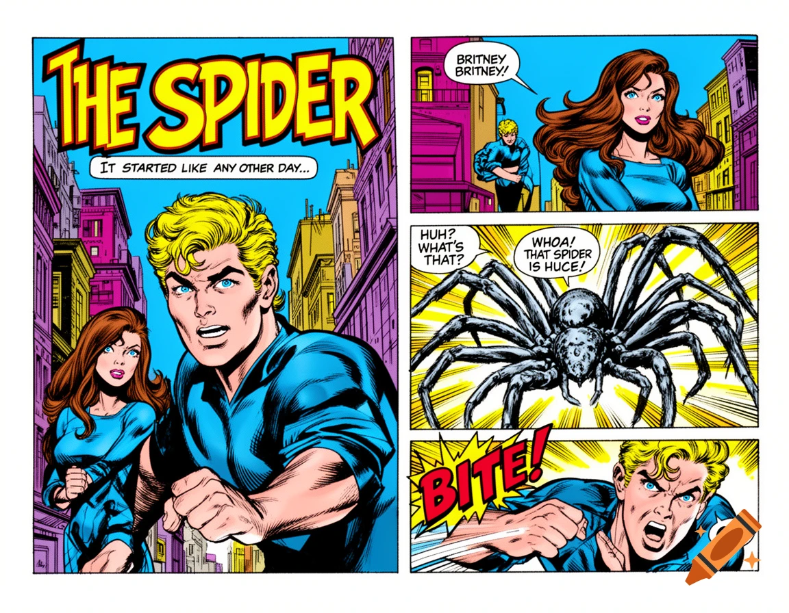 A colorful comic book panel showing a man and woman, a giant spider, and the man being bitten by the spider.