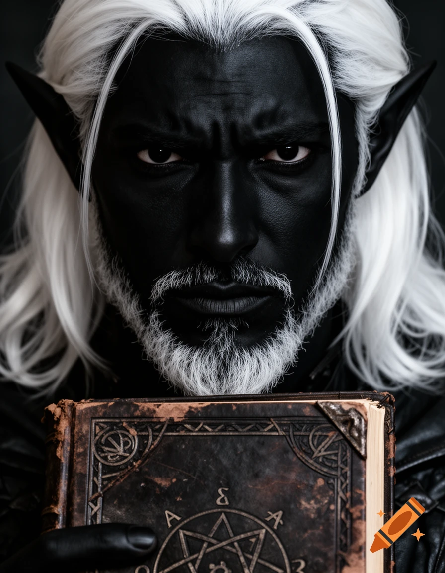 Close-up portrait of a dark-skinned male elf with white hair and beard, holding an old, ornate tome with arcane symbols.