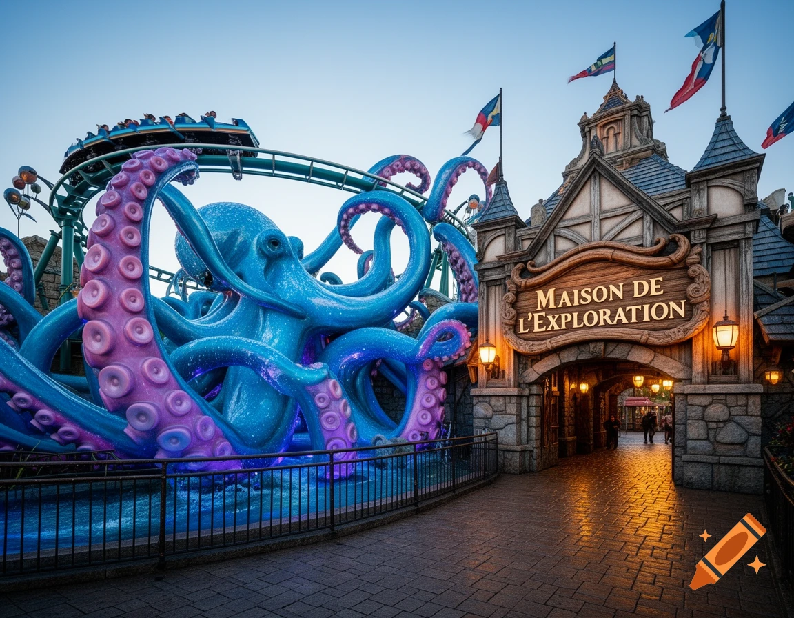 Photorealistic amusement park attraction with a blue octopus sculpture, roller coaster, and an entrance building labeled 'MAISON DE L'EXPLORATION'.