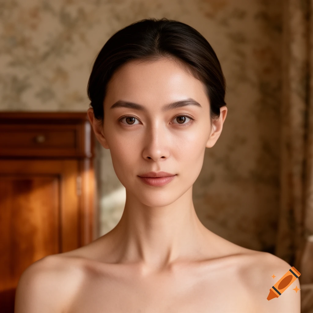 Photorealistic portrait of a young woman with dark hair and bare shoulders, looking forward, against a blurry indoor background.