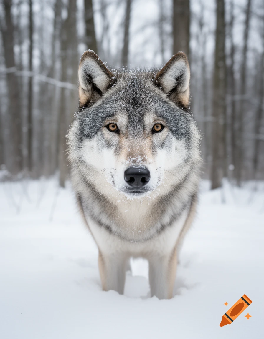 A close-up, front-facing shot of a grey wolf with snow on its fur, standing in deep snow in a winter forest.