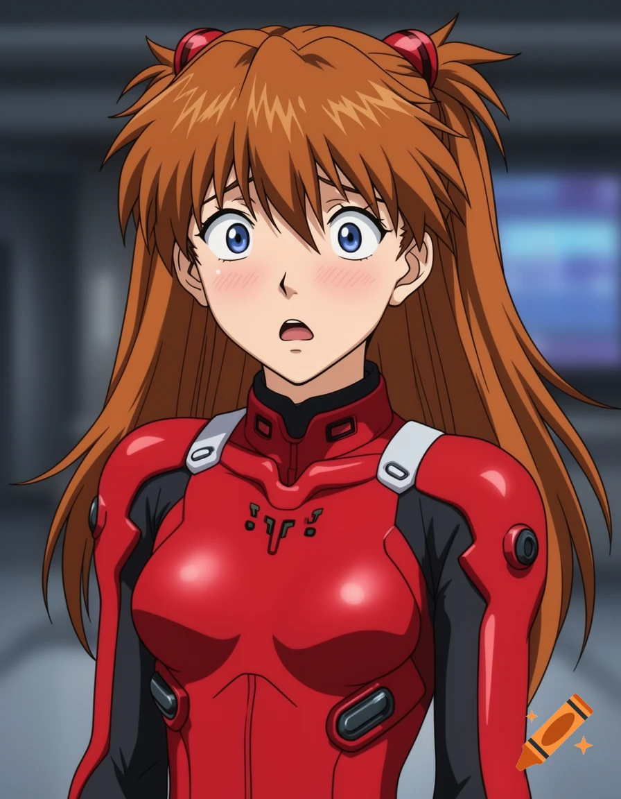 Anime girl with orange hair in a red plugsuit, blushing with a surprised expression.