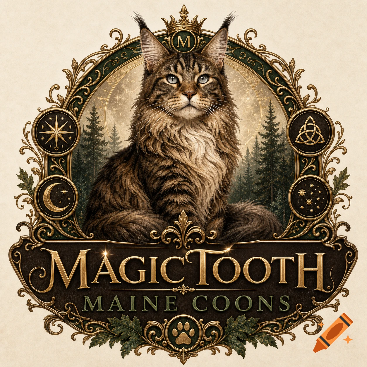 Ornate logo featuring a regal Maine Coon cat, surrounded by gold and green baroque frame, pine trees, and text 'MagicTooth Maine Coons'.
