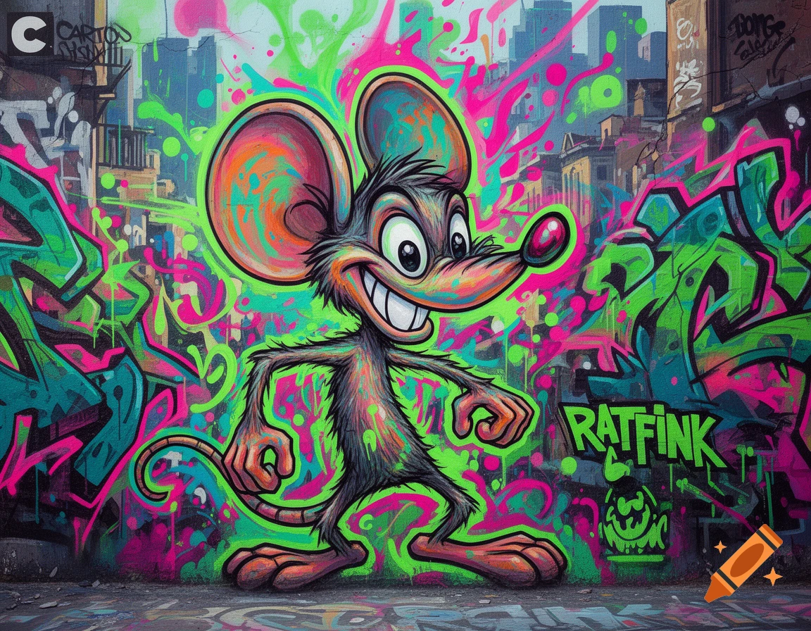 A colorful graffiti mural features a smiling Ratfink mouse character, rendered in bright green and pink, against a backdrop of urban buildings and abstract graffiti art.