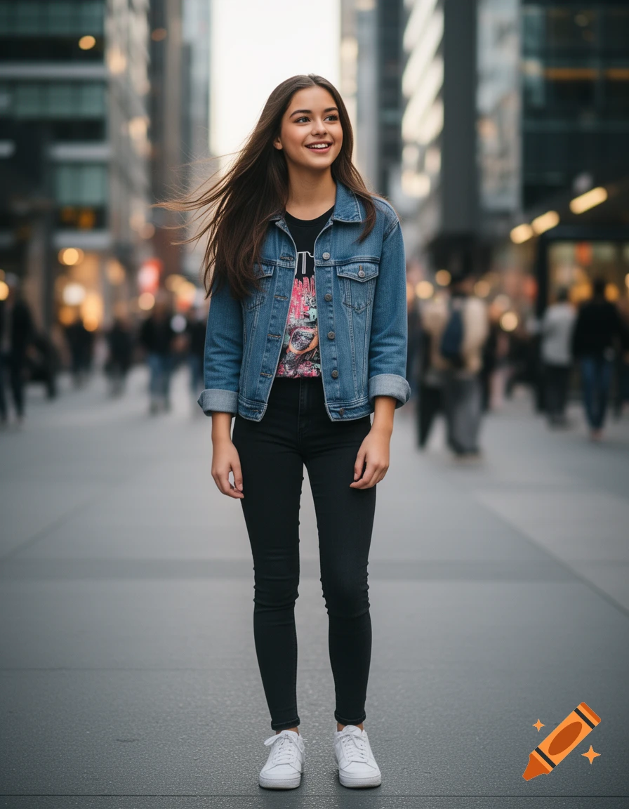 A photorealistic full-body shot of a smiling young woman with long brown hair, wearing a denim jacket and black jeans, standing on a city street.