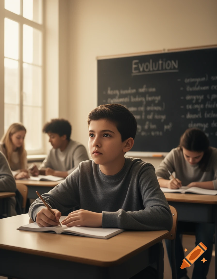 A young boy in a gray sweater writes in a notebook at a desk in a sunlit classroom, with 'EVOLUTION' written on a blackboard.