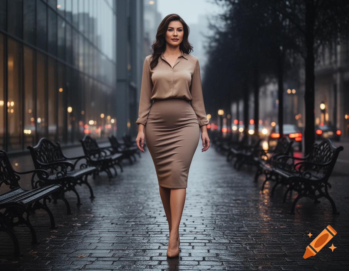 A woman in a tan blouse and pencil skirt walks down a wet city street lined with benches, photorealistic style.