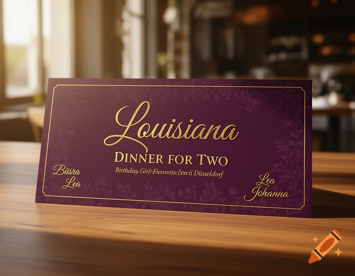 A dark purple voucher with gold text for "Louisiana Dinner for Two" from "Lea Johanna" to "Büsra Lea", set on a wooden table.