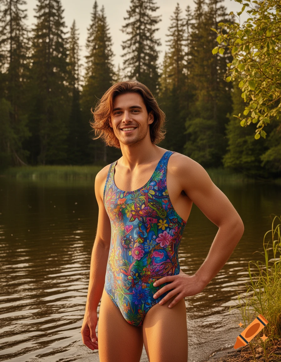 A smiling man with long hair in a blue and floral one-piece swimsuit stands in a lake with pine trees in the background.