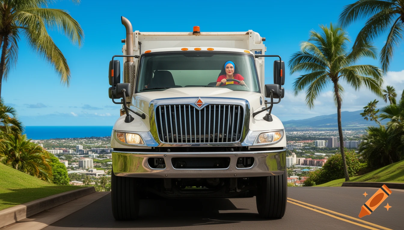A woman drives a white garbage truck up a winding road, with palm trees and a vibrant Honolulu cityscape and ocean in the background.