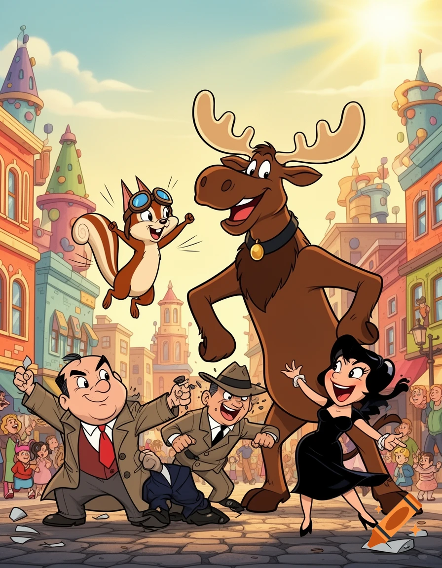 Cartoon Rocky, Bullwinkle, Boris, and Natasha on a vibrant city street, with the heroes triumphing over the villains.