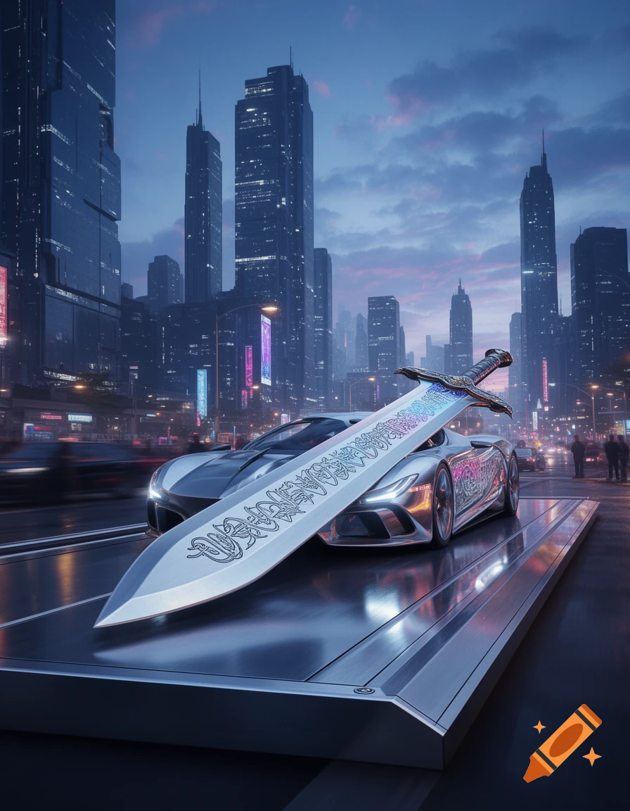 A huge decorative sword rests against a futuristic silver sports car on a platform in a dark, neon-lit sci-fi city at dusk.
