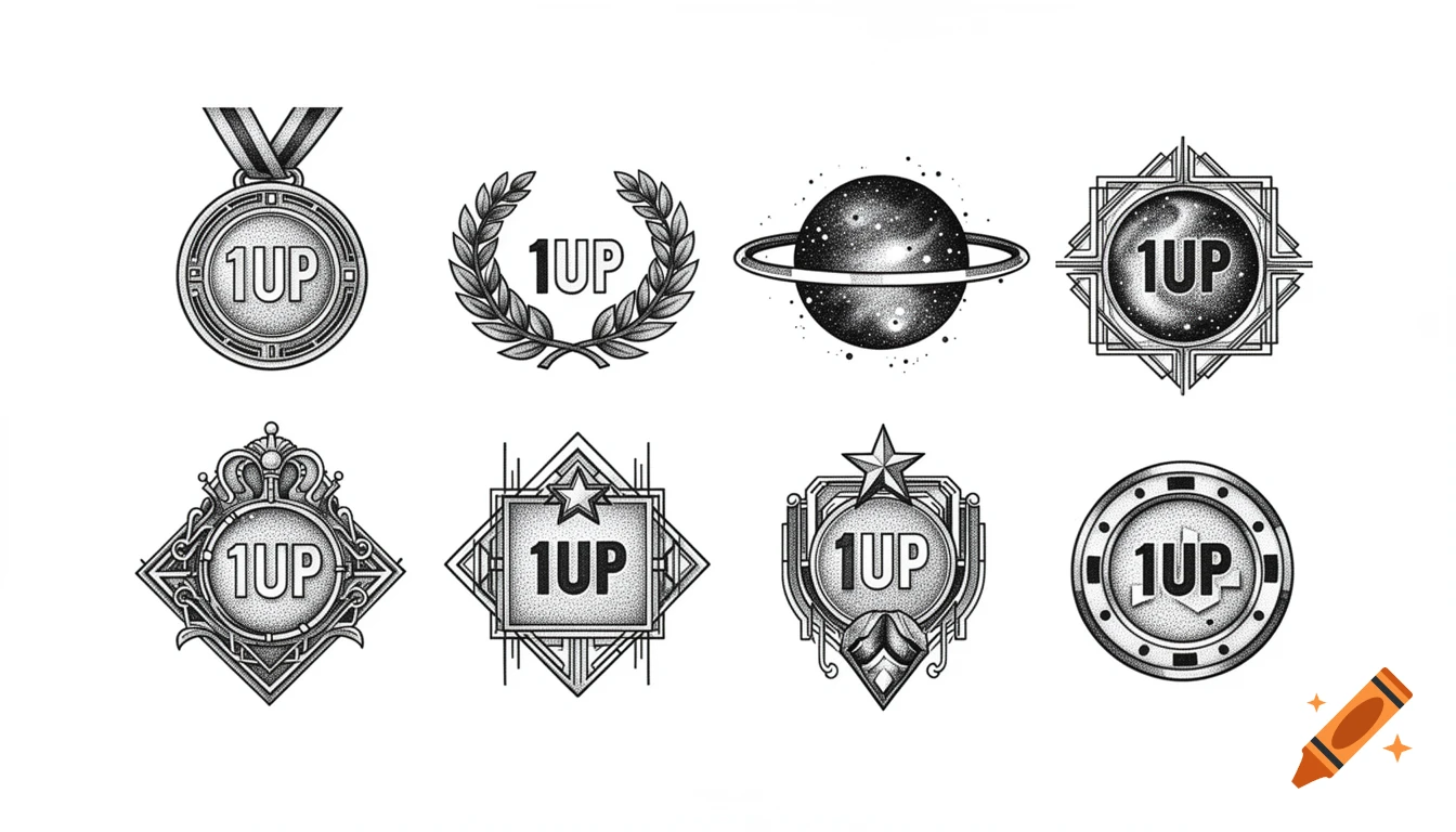 Eight black and white fine line tattoo flash designs with subtle dotwork, each featuring '1UP' in a different style like a medal, laurel wreath, and cosmic halo.