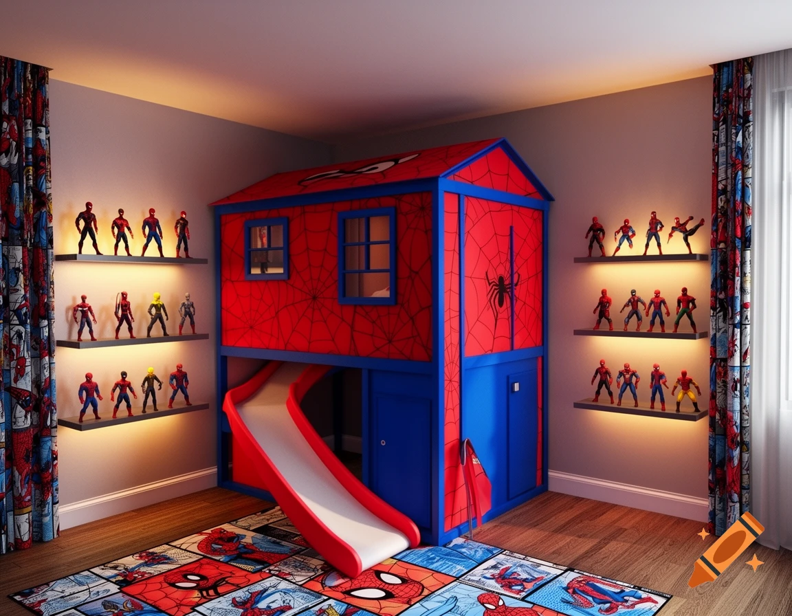 A Spider-Man themed child's bedroom featuring a red and blue bunk bed with a slide, shelves filled with Spider-Man action figures, and comic-style curtains and rug.