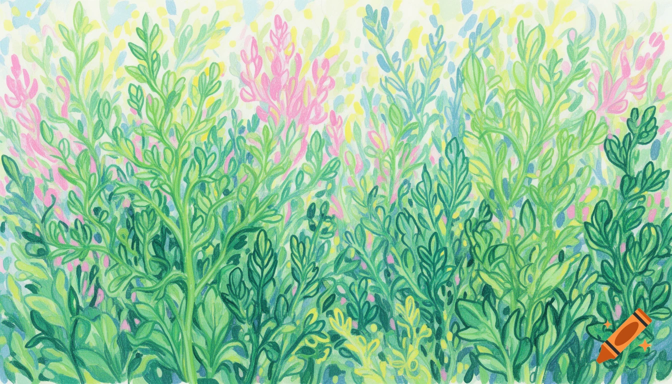 Abstract painting of dense stylized foliage in varied greens, pink, yellow, and blue, filling the horizontal frame.