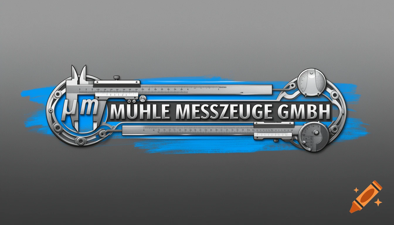 A technical logo for Mühle Messzeuge GmbH, featuring a caliper and micrometer in metallic silver, with the text "µm MUHLE MESSZEUGE GMBH" on a blue brush stroke background.