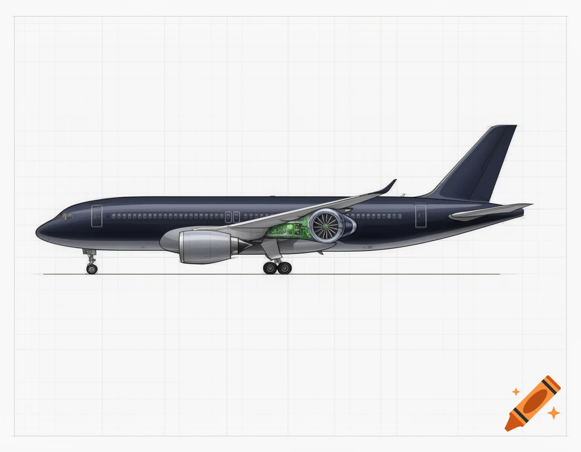 Side profile 2D schematic of a dark blue and gray airplane with a visible sustainable engine on a grid background.