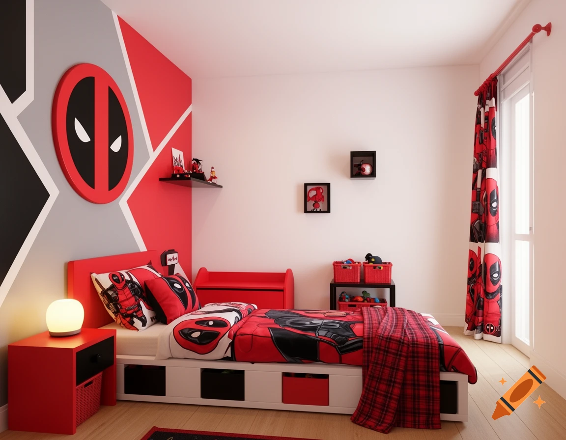 A child's bedroom decorated with a Deadpool theme, featuring red, black, and white colors, comic book art, and a large Deadpool logo.