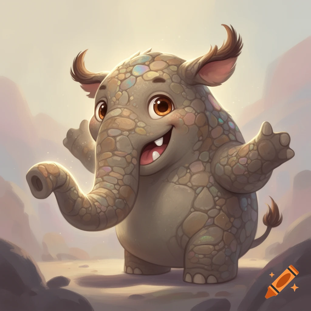 A happy, pebble-skinned monster with a trunk and small horns raises its arms in a friendly gesture in a digital illustration.