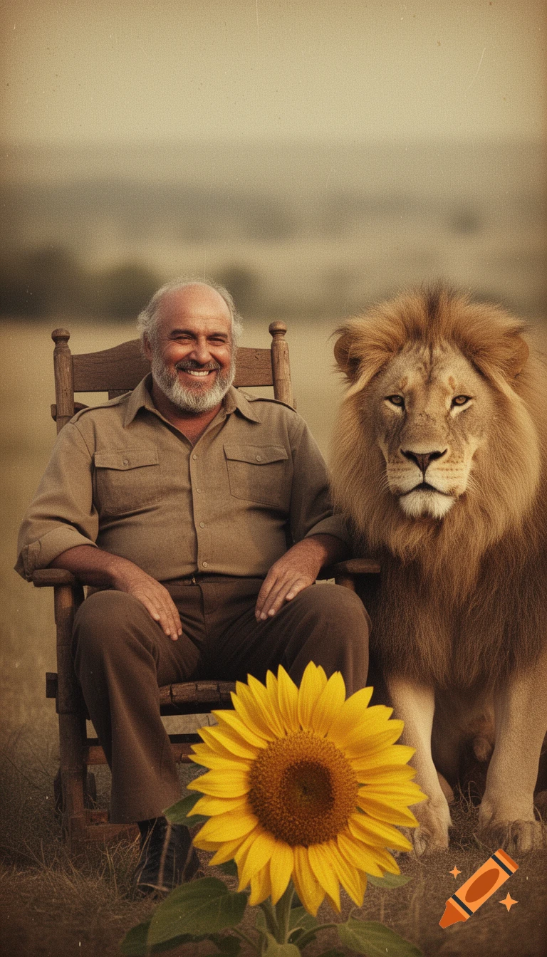 A smiling man sits in a wooden rocking chair next to a majestic lion, with a large sunflower in the foreground. Vintage photorealistic style.