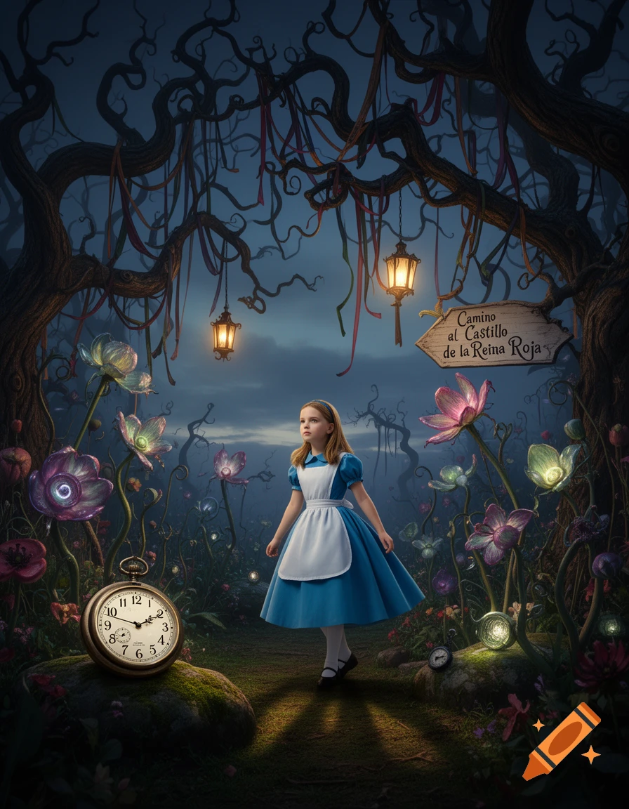 A young girl as Alice in Wonderland stands in a dark, fantastical forest with glowing flowers, a pocket watch, and a sign for the Red Queen's Castle.