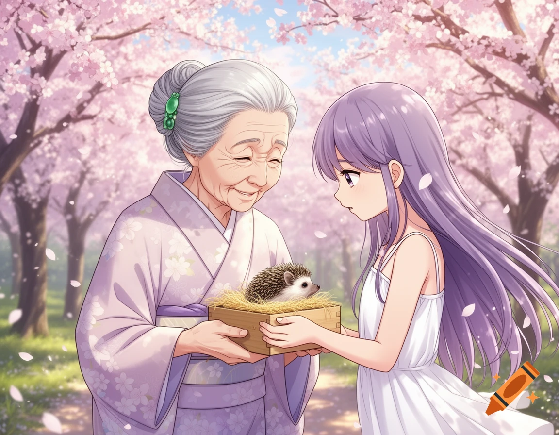 An old woman in a kimono and a young girl in a white dress admire a hedgehog in a straw-filled box under cherry blossoms, anime style.